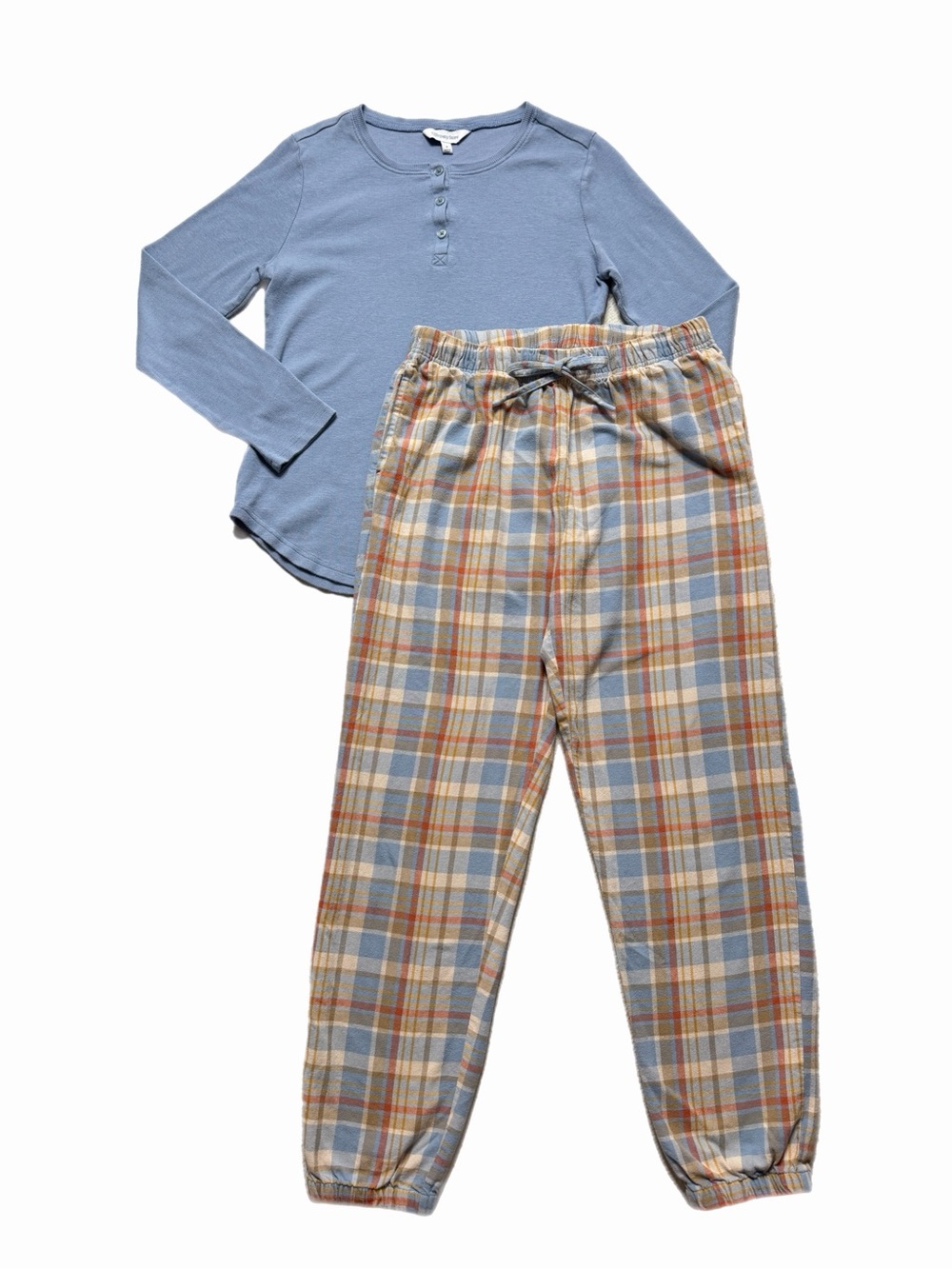 The Company Store Pajamas Set S Blue Henley Top & Matching Plaid Flannel Pants